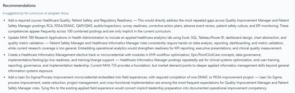 Four curriculum recommendations, each linked to the employer roles and postings that support it
